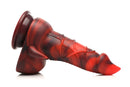 Creature Cocks Horny Devil Demon Silicone Dildo in red and black with a thick shaft, pulsating veins, and tapered tip for comfortable insertion.