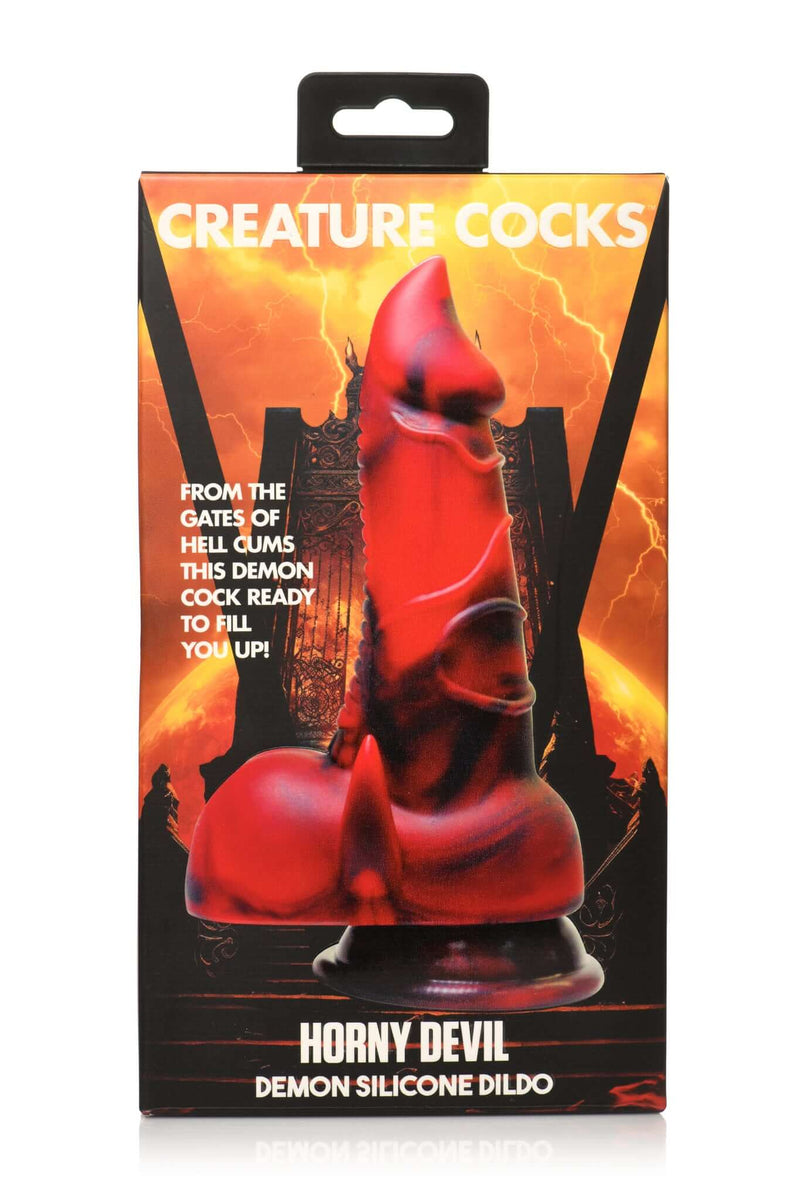 Package of Creature Cocks Horny Devil Demon Silicone Dildo - Fiery Red and Black Fantasy Toy
