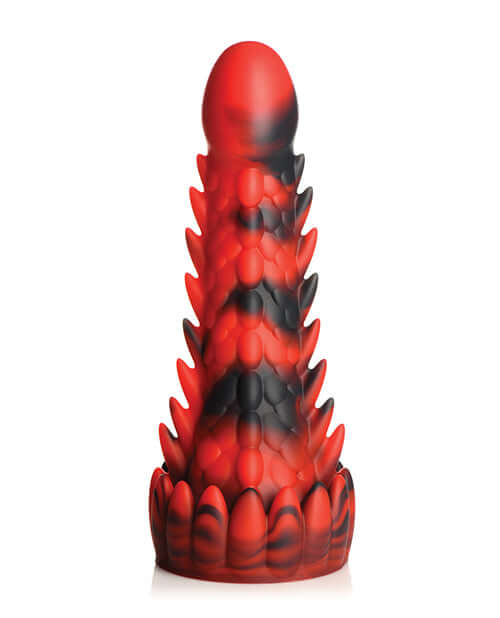 Creature Cocks Demon Rising Scaly Dragon Silicone Dildo in red and black tones, featuring a unique scaly texture for fantasy-themed pleasure.