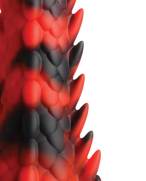 Close-up view of red and black scaly texture on Creature Cocks Demon Rising Scaly Dragon Silicone Dildo