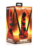 Creature Cocks Demon Rising Scaly Dragon Silicone Dildo in packaging against a fiery backdrop