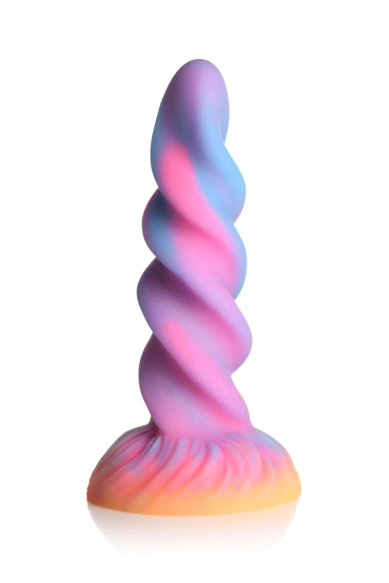 XR Brands Creature Cocks Moon Rider Glow in the Dark Unicorn Dildo in vibrant purple, blue, pink, and yellow colors