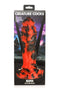 Red and black Creature Cocks Reaper Silicone Dildo with textured surface in packaging against purple and black background.