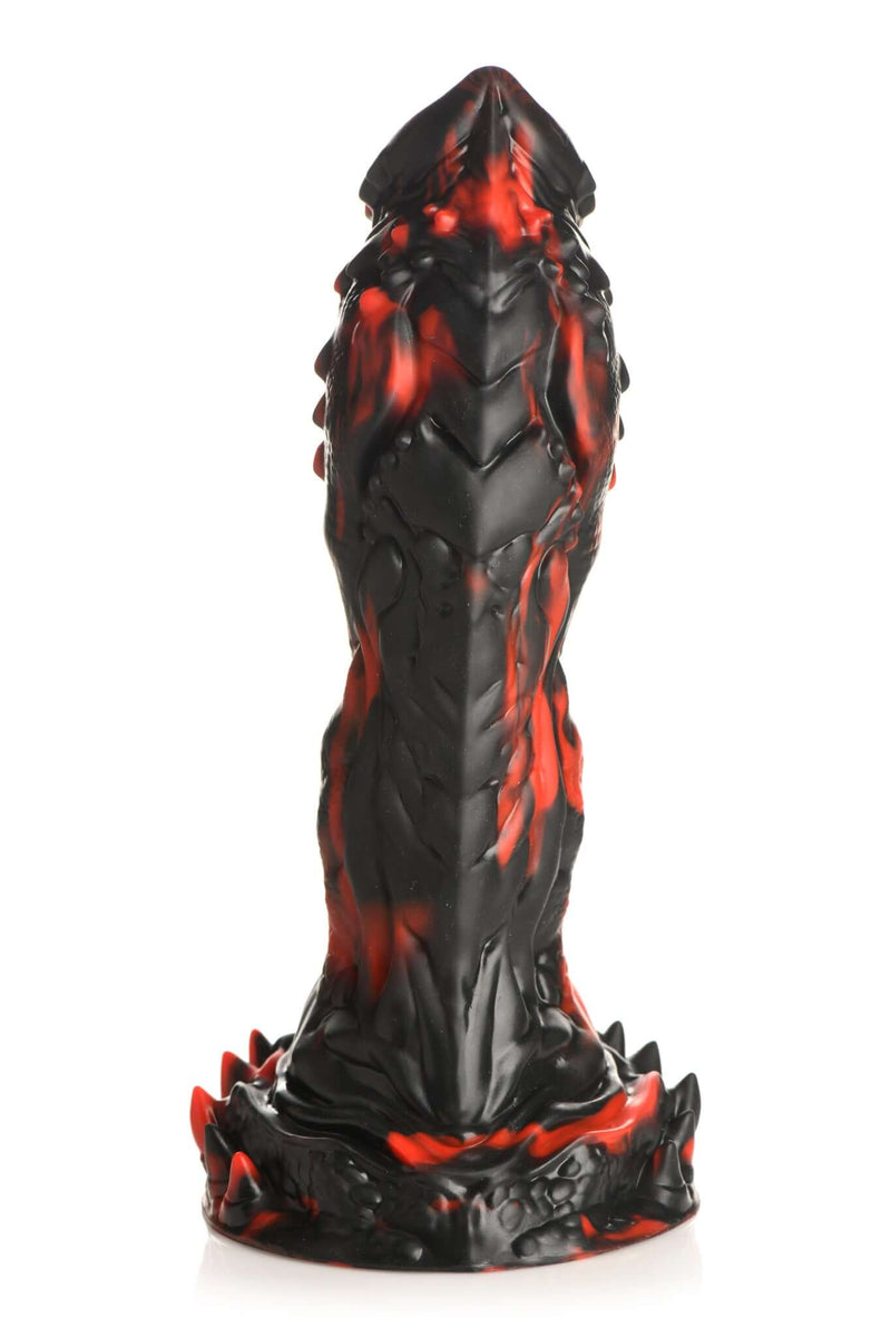 Creature Cocks Reaper Silicone Dildo in red and black with menacing texture and spikes promises an unearthly pleasure experience.