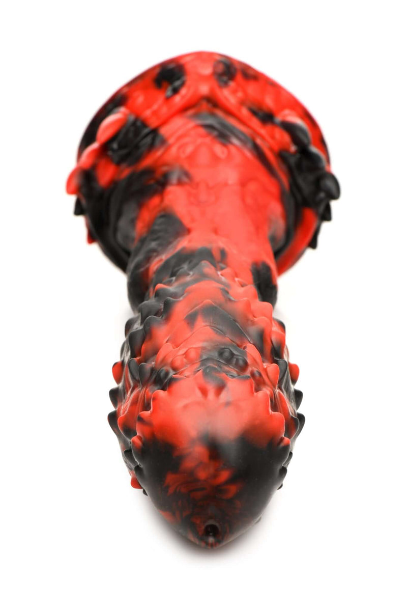 Creature Cocks Reaper Silicone Dildo with red and black textured surface featuring ridges, nubs, and spikes for an eerie pleasure experience
