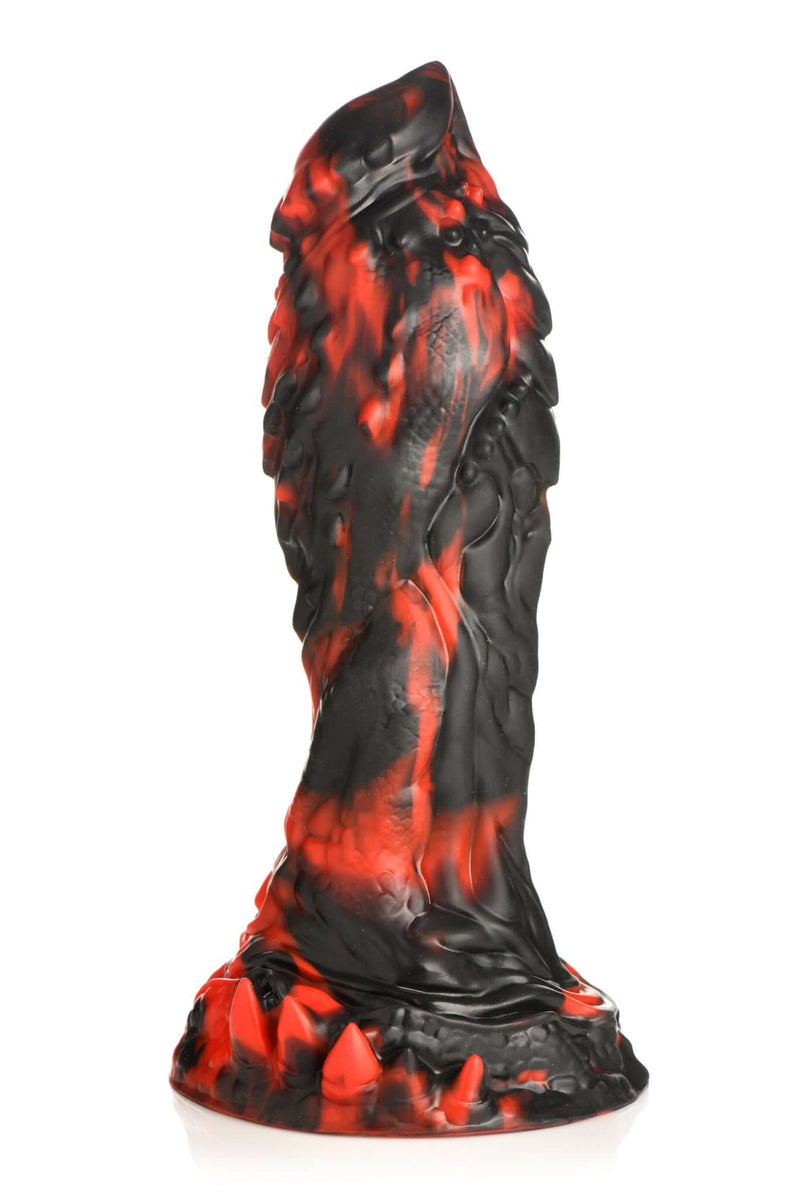 Creature Cocks Reaper Silicone Dildo - Red and black textured dildo with ridges, nubs, and spikes for an eerie pleasure experience.