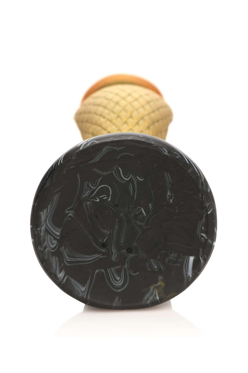 Bottom view of Creature Cocks Golden Mamba Silicone Dildo showing black base and golden lattice texture handle