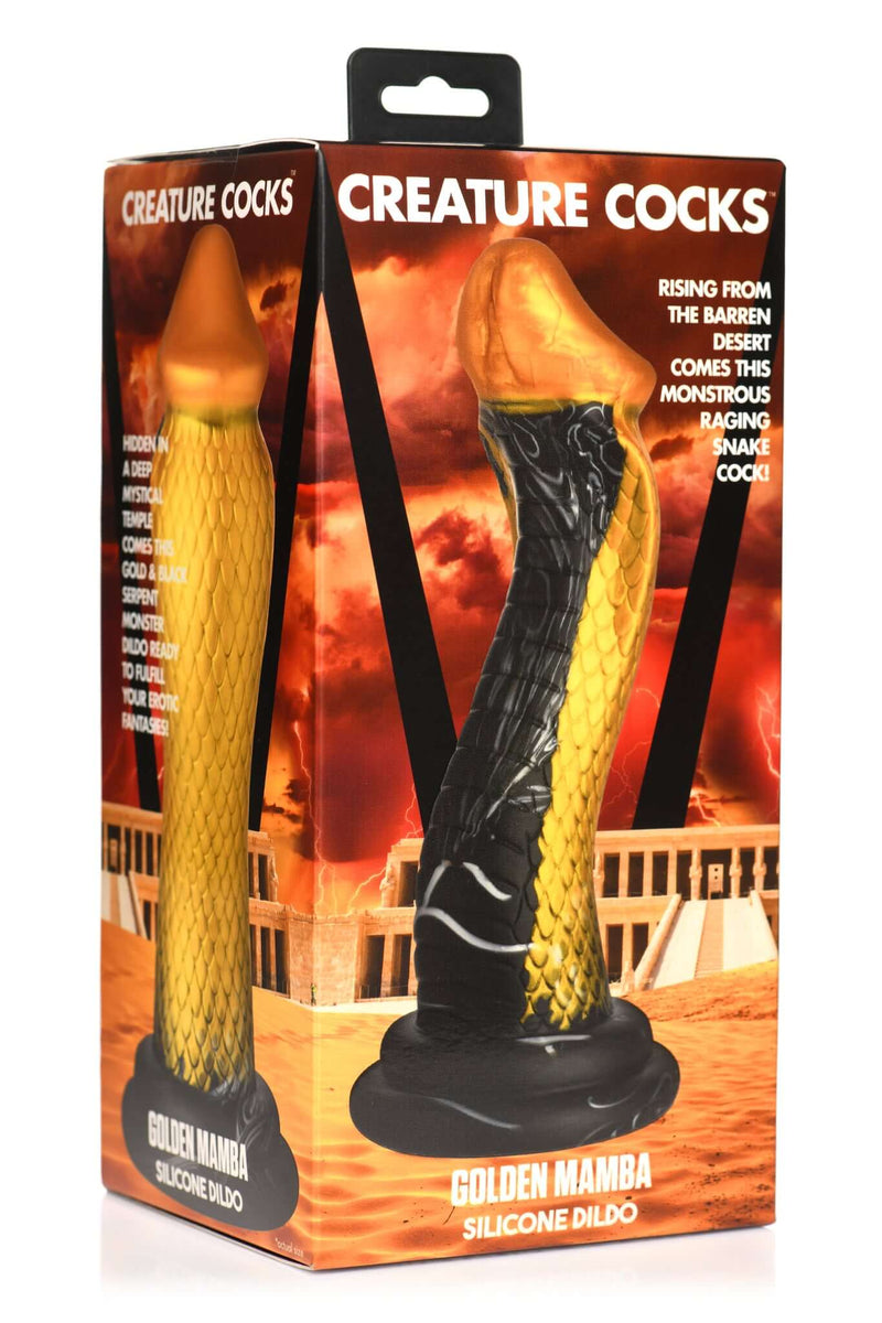 Creature Cocks Golden Mamba Silicone Dildo packaging displaying gold and black snake design by XR Brands.