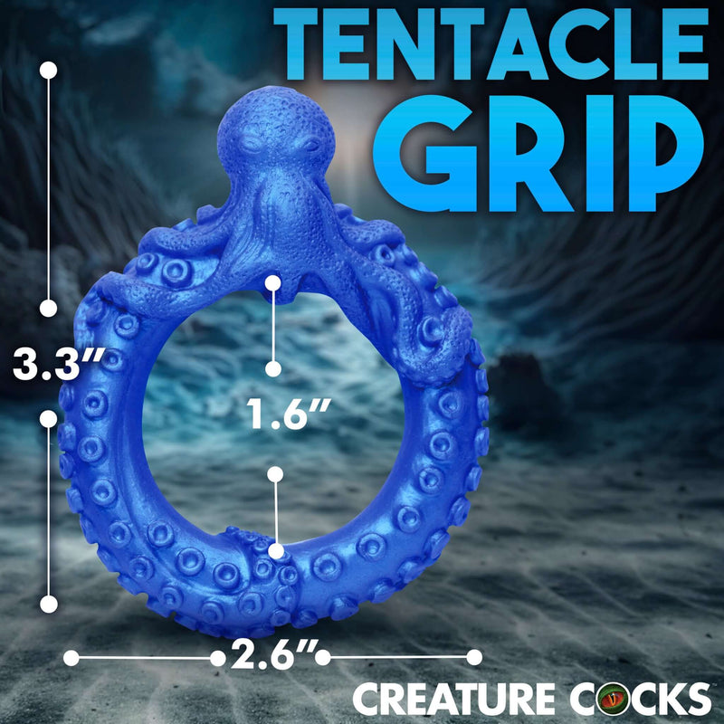 Poseidon's Octo-Ring Silicone Cock Ring by Creature Cocks featuring tentacle grip design and dimensions over underwater background.