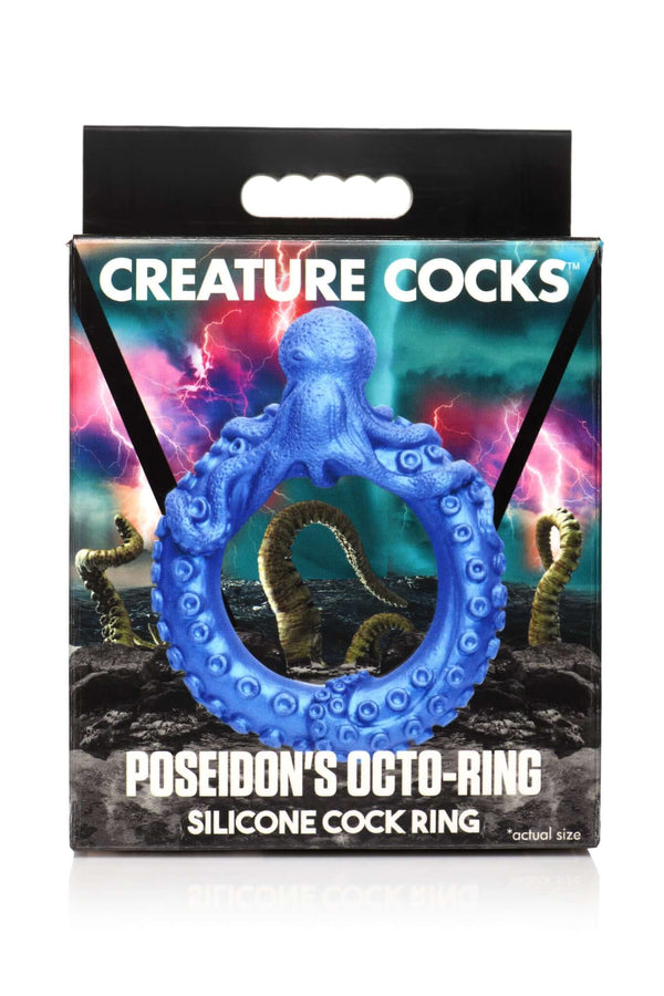 Poseidon's Octo-Ring blue silicone cock ring by Creature Cocks and XR Brands in fantasy-themed packaging with octopus design