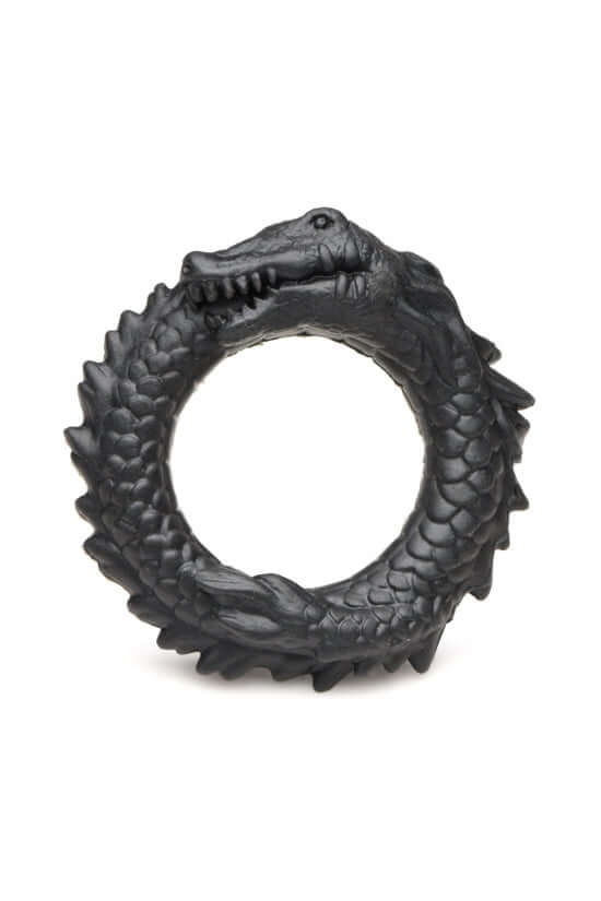 Creature Cocks Black Caiman Cock Ring featuring a grinning caiman design with ridges and bumps, crafted from body-safe silicone.