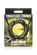 Packaging of Creature Cocks Black Caiman silicone cock ring featuring a detailed caiman design by XR Brands.