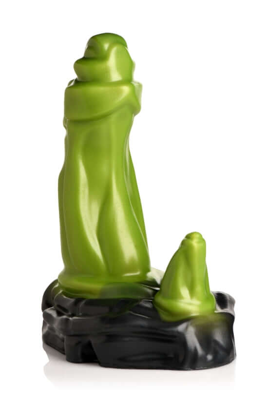 Creature Cocks Orc Silicone Dildo by XR Brands, featuring a green, firm yet flexible shaft with a knobbed tip and unique base detailing.