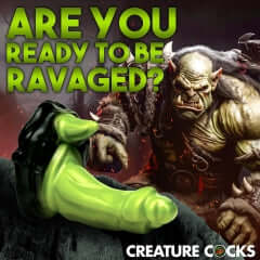 Orc Silicone Dildo by Creature Cocks against a fantasy background with an orc, text reads, "Are you ready to be ravaged?"
