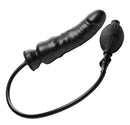 Black inflatable dildo with hand pump, ridged shaft, and bulb base for customizable pleasure.