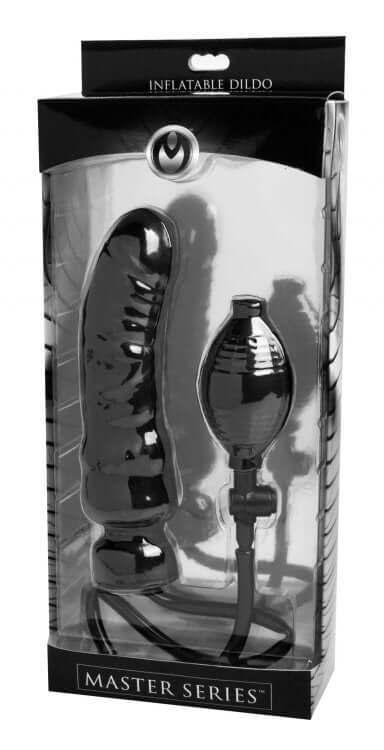 Black Master Series Renegade Inflatable Dildo in packaging with hand pump for customizable experience.