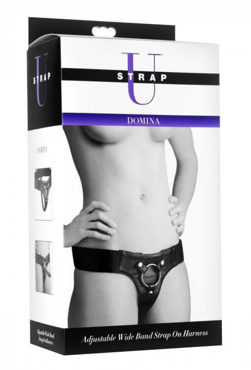 Strap U Domina Wide Band Strap On Harness packaging in black, showing comfort and adjustability features.