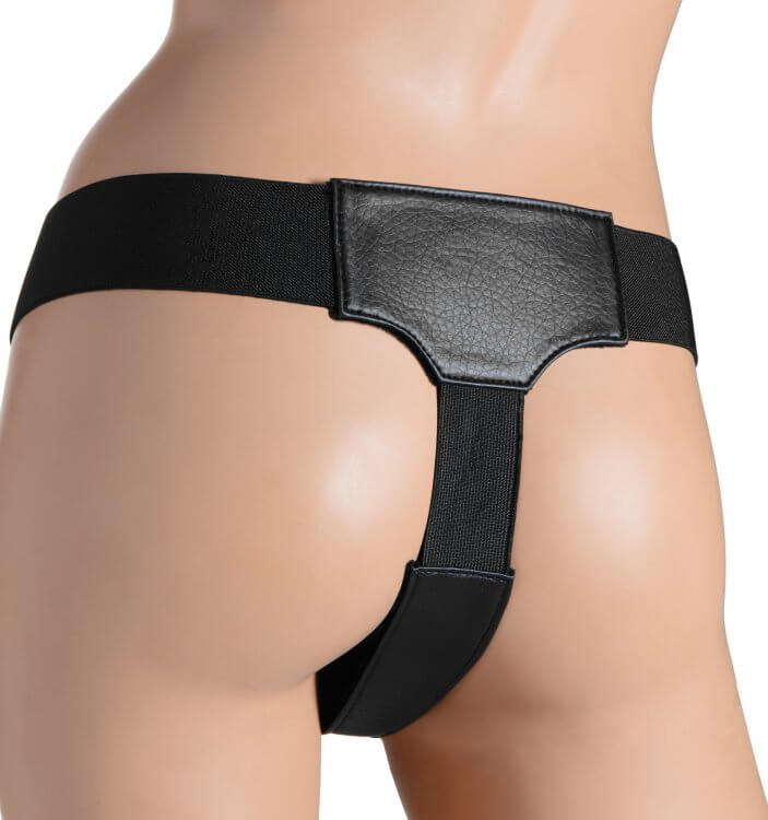 Strap U Velvet Lined Leather Strap-On harness in black, showcasing adjustable fit and comfortable design.