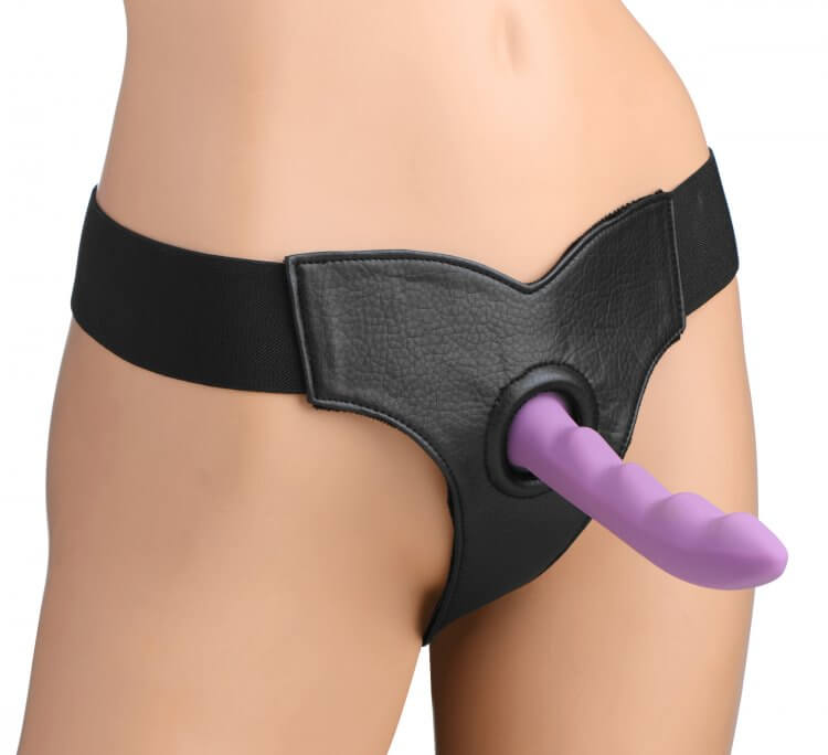Strap U Velvet Lined Leather Strap-On harness with purple dildo, showcasing comfort and secure fit for enjoyment.