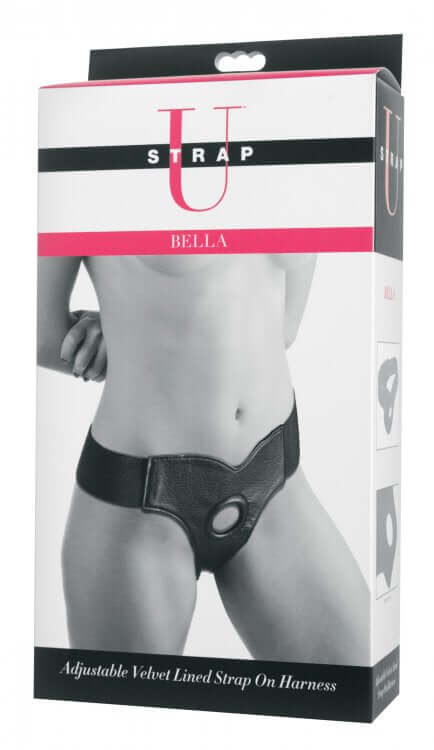 Strap U Velvet Lined Leather Strap-On harness packaging, adjustable and designed for comfort and style.