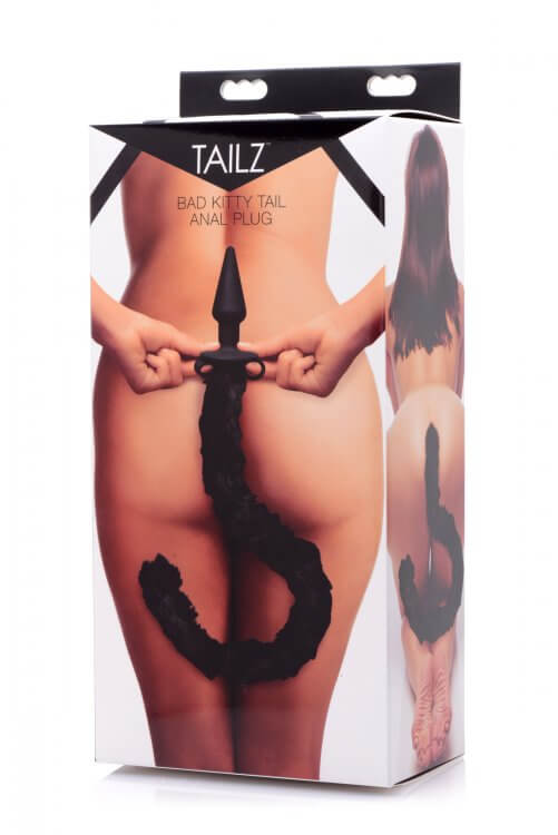 Tailz Bad Kitty Silicone Cat Tail Anal Plug Black packaging showcasing faux fur tail and plug design.