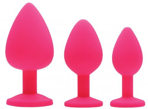 XR Brands Frisky Pink Pleasure 3 Piece Silicone Anal Plugs with Gem Ends at $39.99
