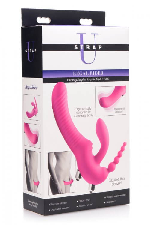 XR Brands Strap U Regal Rider Vibrating Strapless Strap On Triple G Dildo at $74.99