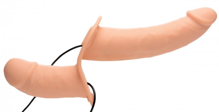 XR Brands Strap U Power Pegger Silicone Vibrating Double Pleasure Dildo with Harness Beige from XR Brands at $89.99