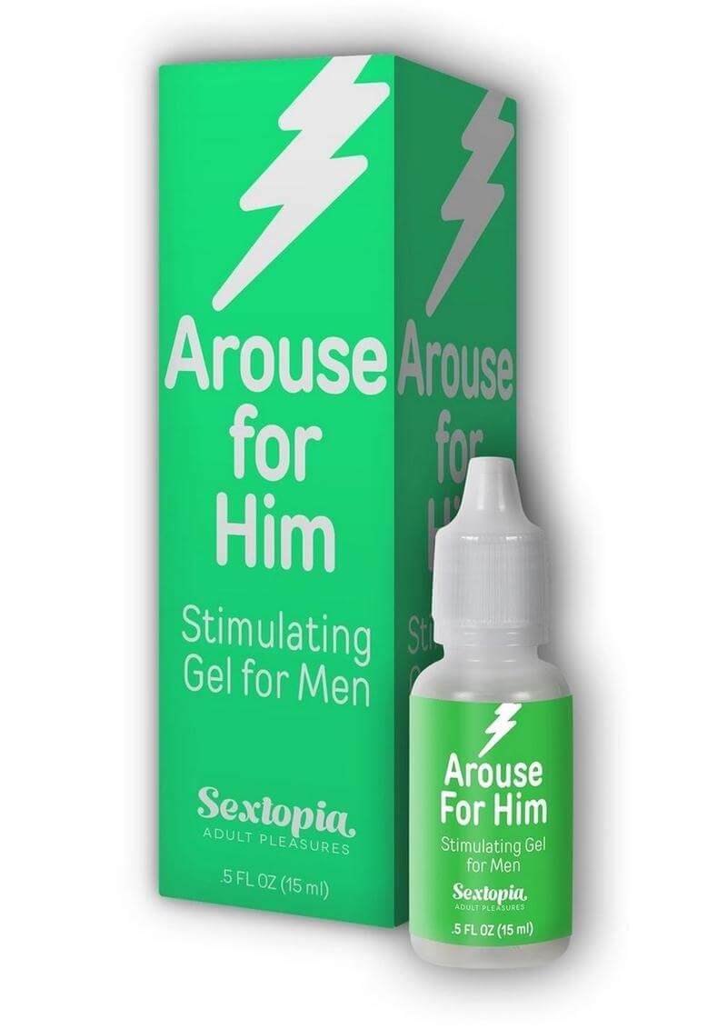 Sextopia Arouse For Him Stimulating Gel 0.5 Oz by Body Action Products in green packaging, enhances male pleasure and arousal.