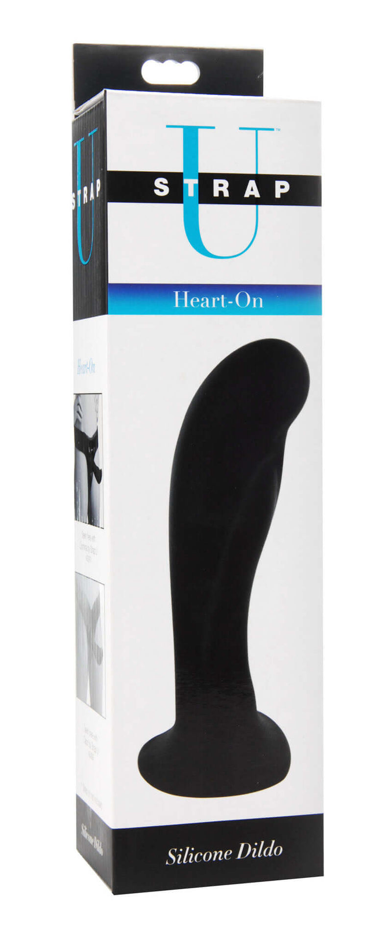 Strap U Heart-On Silicone Harness Dildo in black packaging, curved design for G-spot stimulation, phthalate-free, body-safe, firm yet flexible.
