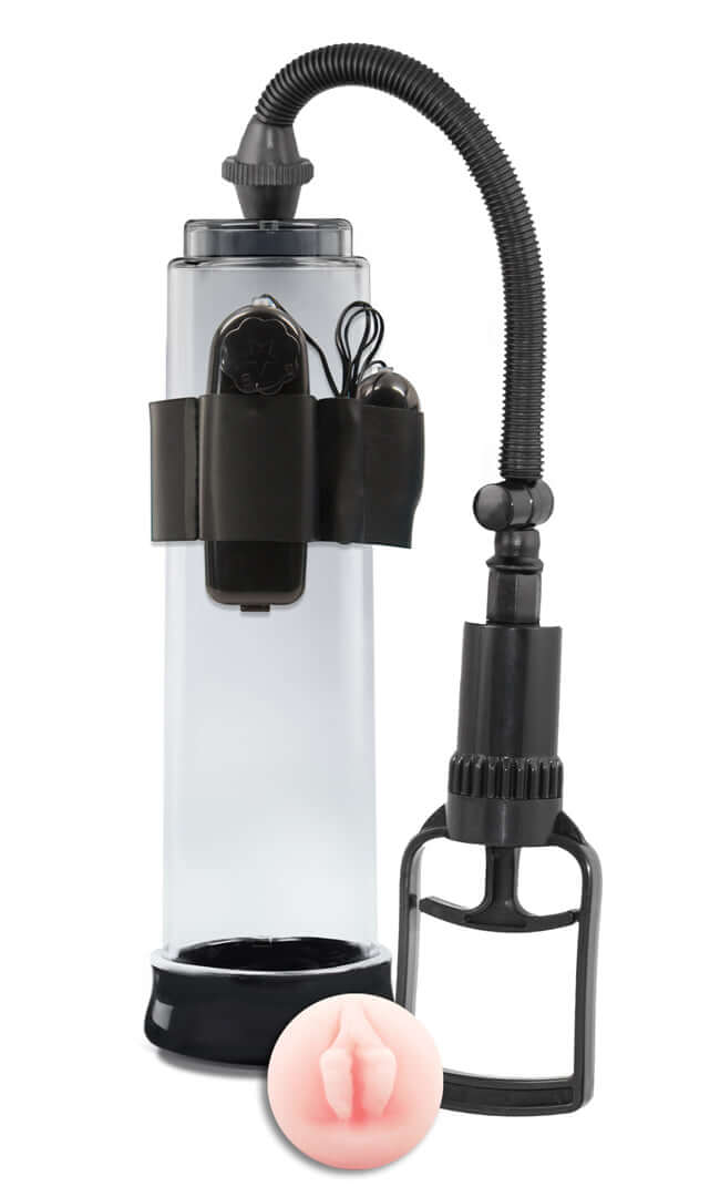 Blush Novelties Performance VX4 Penis Pump with vibration, featuring a vacuum chamber and elastomer seal for enhanced pleasure.