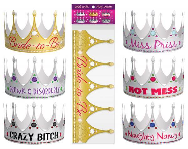 Kheper Games Bride To Be Party Crowns in various designs: Bride-to-Be, Miss Priss, Drink & Disorderly, Hot Mess, Crazy Bitch, Naughty Nancy