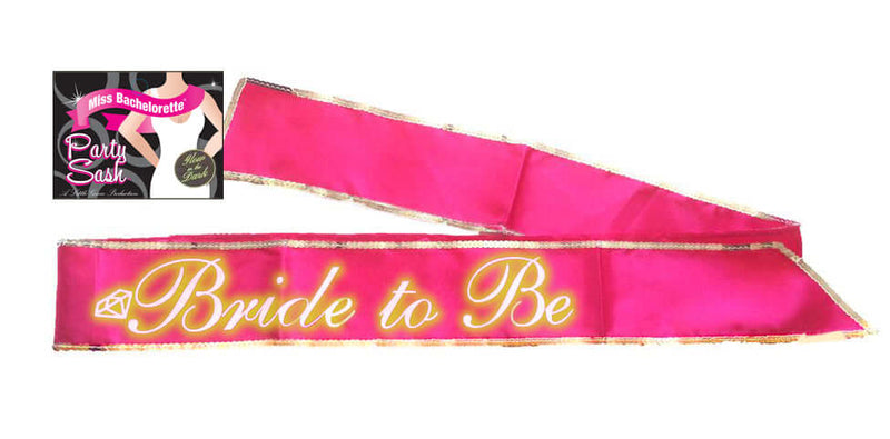 Hot pink glow-in-the-dark Bride To Be sash for bachelorette parties from Little Genie.