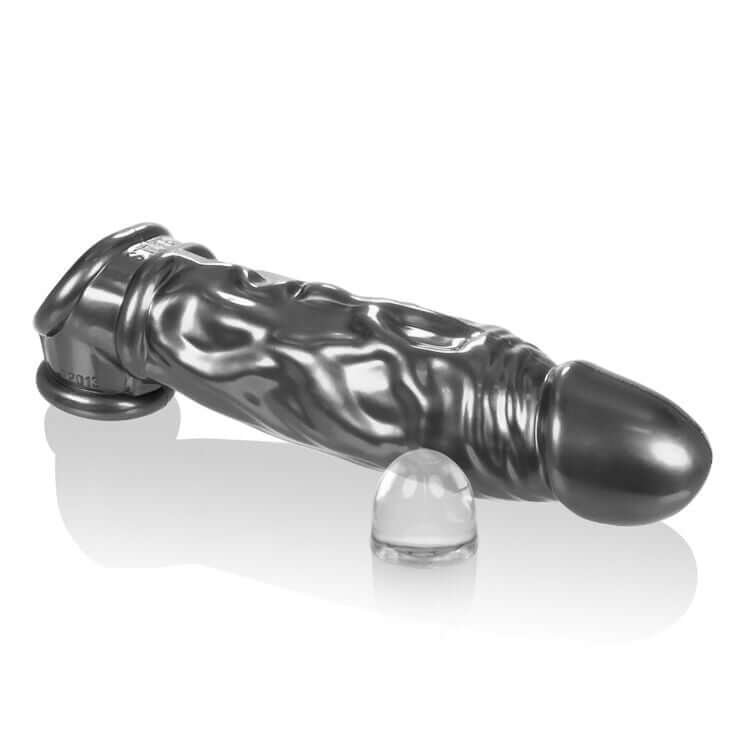 Butch Cocksheath by Oxballs in Steel Silver color showcasing veiny design and attached Cocksling 2, made from soft and squishy Super Flex TPR.