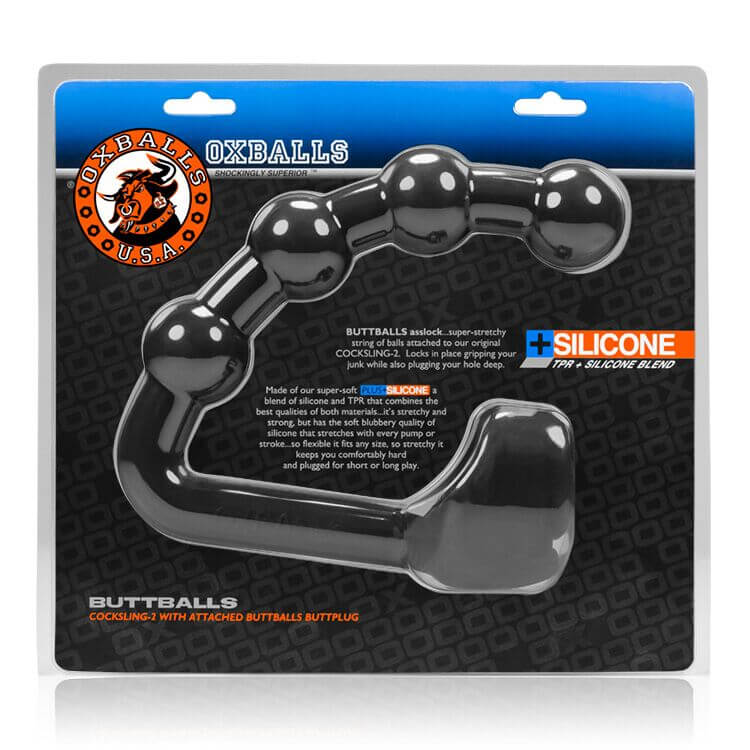 Oxballs Buttballs Asslock and Cock Sling Silicone in packaging showing TPR blend and textured butt plug.