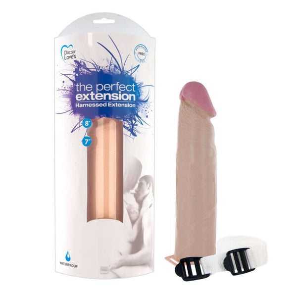 The Perfect Extension 9-inch penis extension with harness, featuring a realistic design and waterproof packaging.