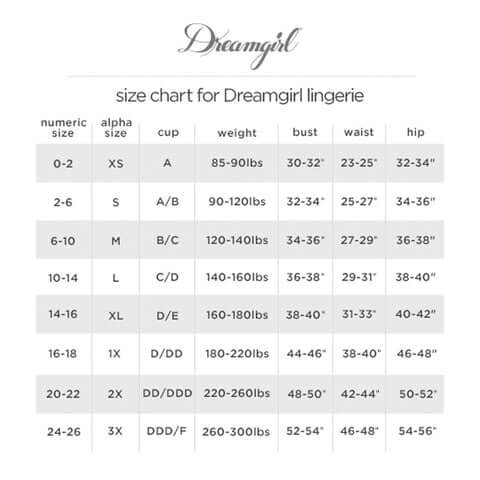 Size chart for Dreamgirl lingerie showing numeric and alpha sizes, cup sizes, weight, bust, waist, and hip measurements.