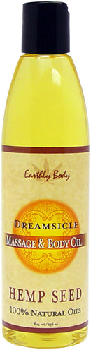Earthly Body Massage & Body Oil Dreamsicle Hemp Seed 8 oz bottle with 100% natural oils including hemp, almond, grape seed, and vitamin E.