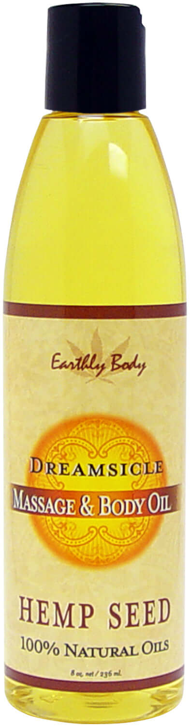 Earthly Body Massage & Body Oil Dreamsicle Hemp Seed 8 oz bottle with 100% natural oils including hemp, almond, grape seed, and vitamin E.