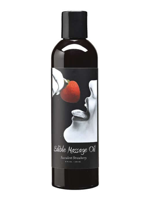Edible Massage Oil 8 Oz Succulent Strawberry by Earthly Body in a sleek bottle, featuring a strawberry and sensual design.