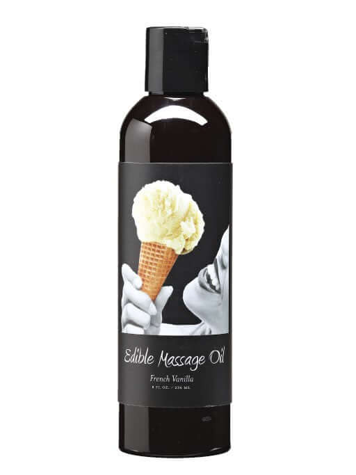 Earthly Body Edible Massage Oil French Vanilla 8oz bottle with vanilla ice cream cone illustration.