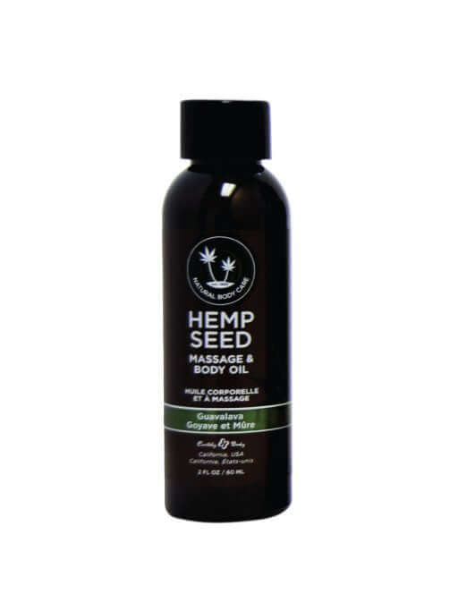Earthly Body Hemp Seed Massage Oil Guavalava 2 oz bottle for deep conditioning and moisturizing.