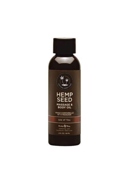 Isle of You Massage Body Oil 2 oz by Earthly Body in a sleek black bottle with hemp seed oil label.