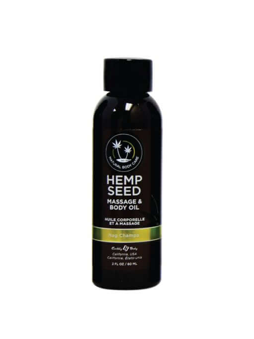 Earthly Body Nag Champa Hemp Seed Massage Oil 2 oz bottle with natural essential oils for deep conditioning and moisturizing.
