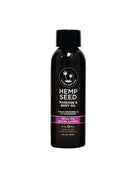 Earthly Body Hemp Seed Massage Oil Skinny Dip 2 oz bottle with essential oils including hemp, almond, and vitamin E for moisturizing.
