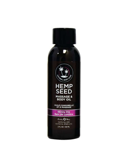 Earthly Body Hemp Seed Massage Oil Skinny Dip 2 oz bottle with essential oils including hemp, almond, and vitamin E for moisturizing.
