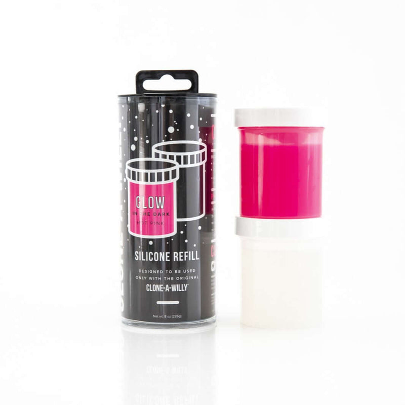 Clone-A-Willy Hot Pink Glow in the Dark Silicone Refill Kit with two-part silicone containers for making homemade dildo.