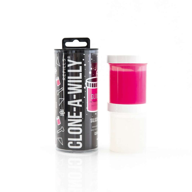 Clone-A-Willy Hot Pink Glow in the Dark Silicone Refill Kit with two containers for homemade dildo creation.