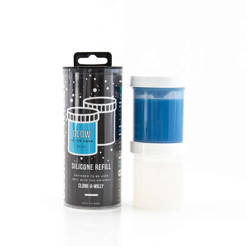 Clone-A-Willy Blue Glow in the Dark Silicone Refill Kit with white container for making personalized dildo molds