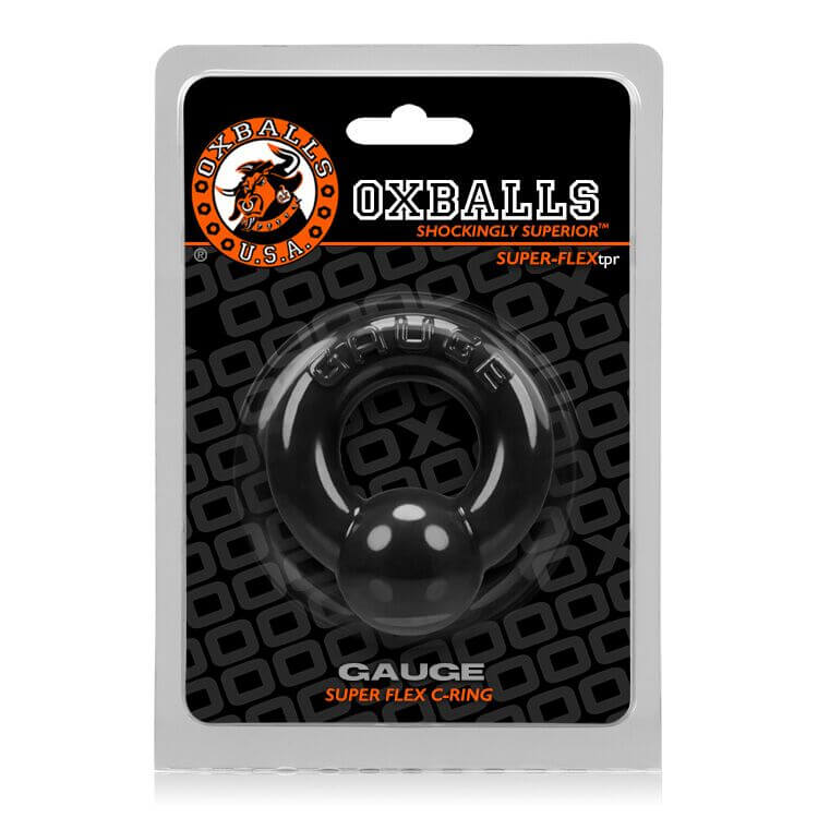 Oxballs Gauge Cock Ring in packaging, made from Super Flex TPR for comfort and style, ideal for enhancing pleasure without piercings.
